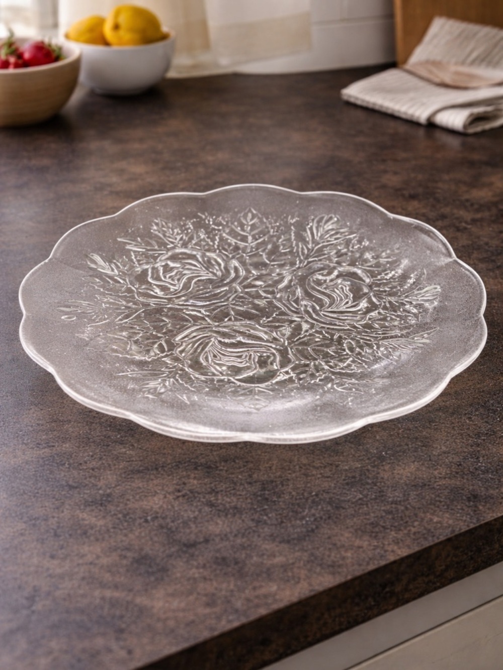 Pasari Crystal Livia Collection Plates | Set of 8 Floral Pressed Glass Indonesia